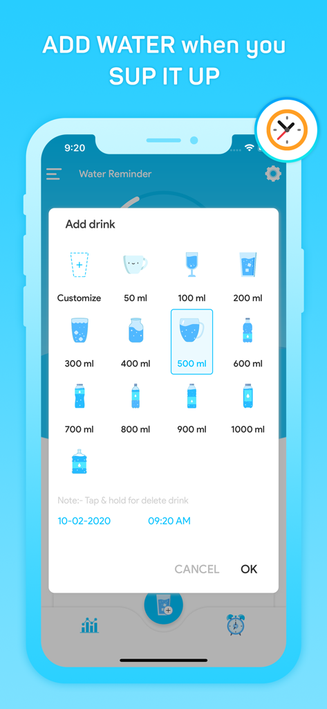 Daily Reminder + Water Tracker - Daily Water Reminder app screen displaying options to add a drink with different volume sizes