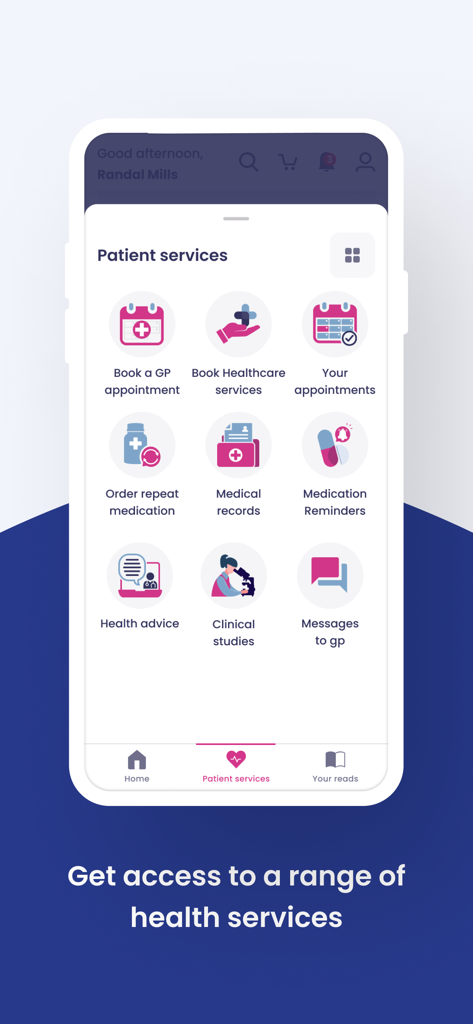 Painel do aplicativo Patient Access mostrando serviços como agendamento de consultas, solicitação de medicamentos e visualização de registros médicos.