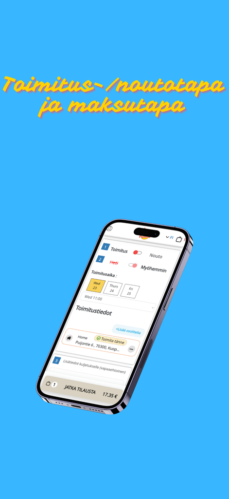 Puijon Pizzeria - Puijon Pizzeria mobile app interface for selecting delivery or pickup and scheduling order time