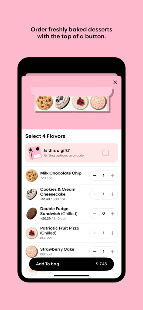 A mobile interface for the Crumbl app showing a selection of gourmet cookies to add to a four pack box