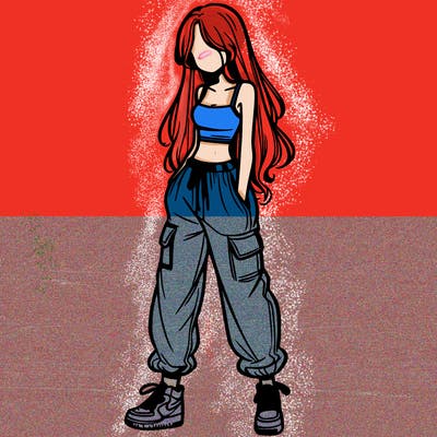 girl in baggy pants crop top and long hair