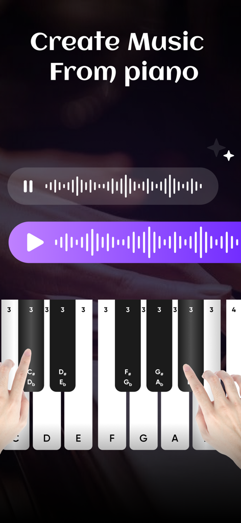 Real Tabla : AI Music Maker - Interfaz de la aplicación Real Tabla mostrando un teclado de piano virtual siendo tocado con formas de onda de audio arriba