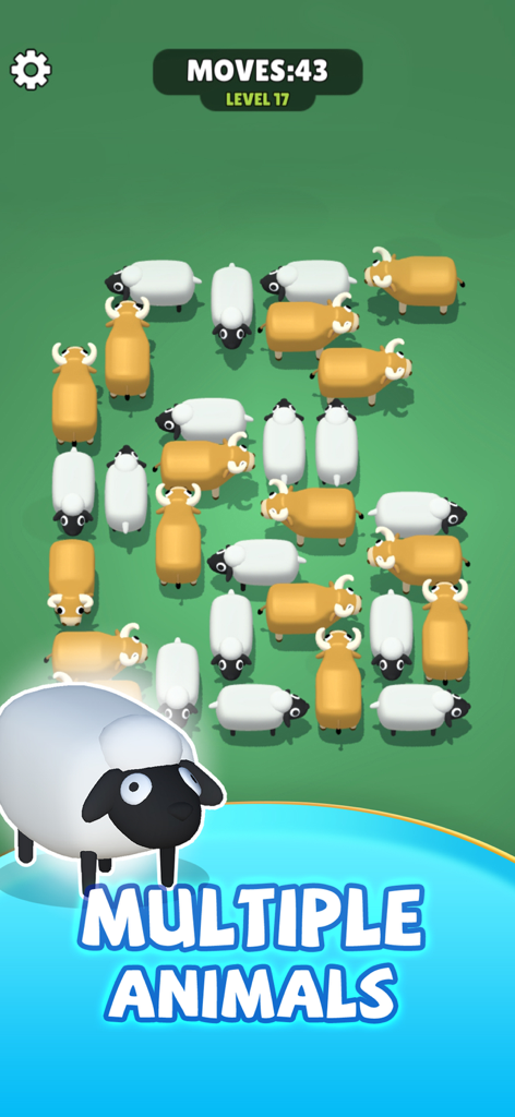 Farm Escape! - A screenshot of Farm Escape game showing sheep and cows in a strategic grid puzzle level.
