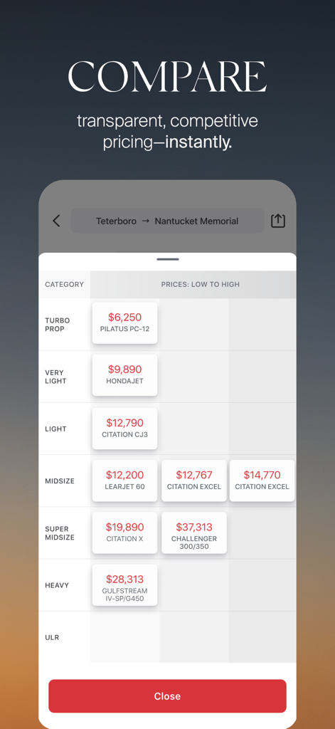 XO - Book a Private Jet - XO app screen comparing private jet charter prices across different aircraft categories