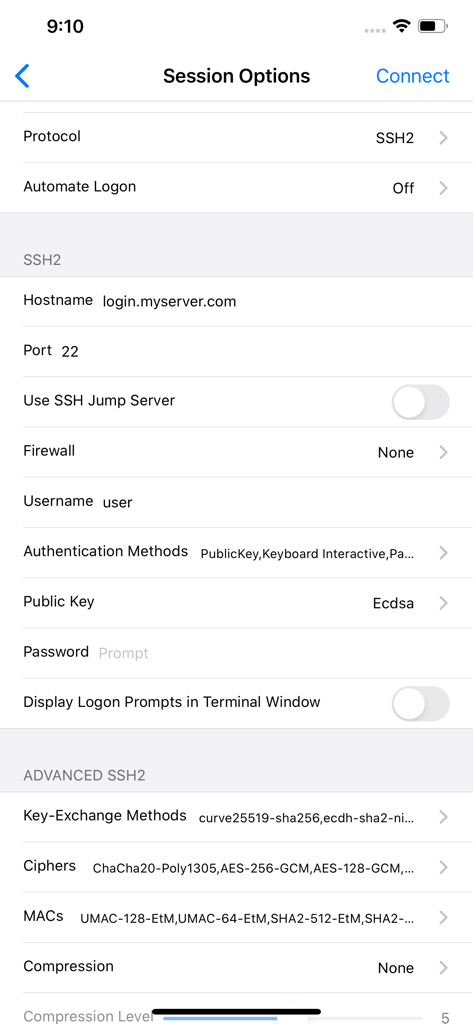 SecureCRT - SecureCRT session options interface for configuring SSH2 connection details and advanced settings.