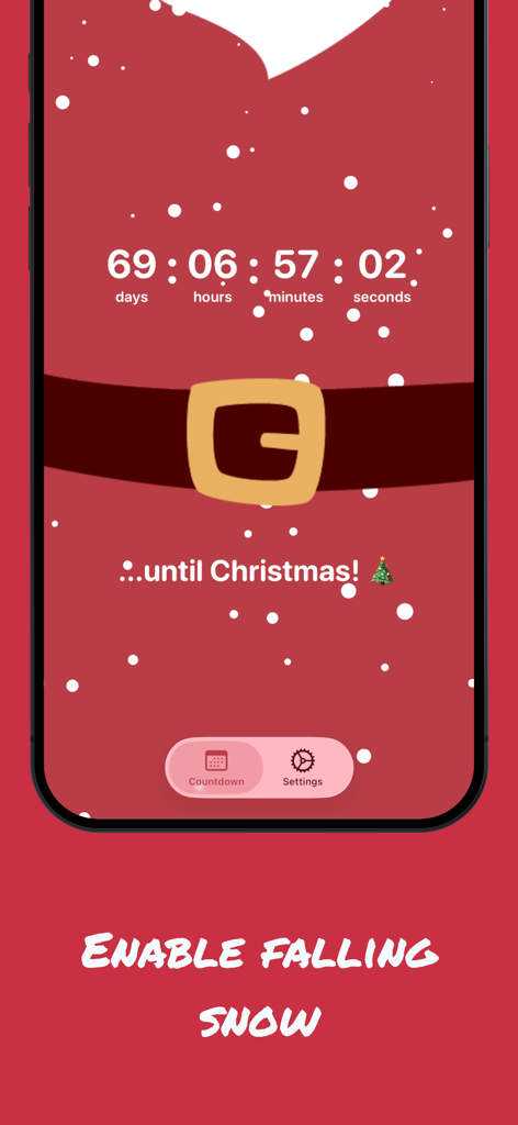 Christmas Countdown for 2026 - Temporizador de cuenta regresiva de Navidad con fondo de traje de Santa y animación de nieve cayendo