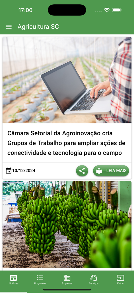 Agricultura SC - El feed de noticias de la aplicación Agricultura SC que muestra artículos sobre tecnología agrícola y productos locales.