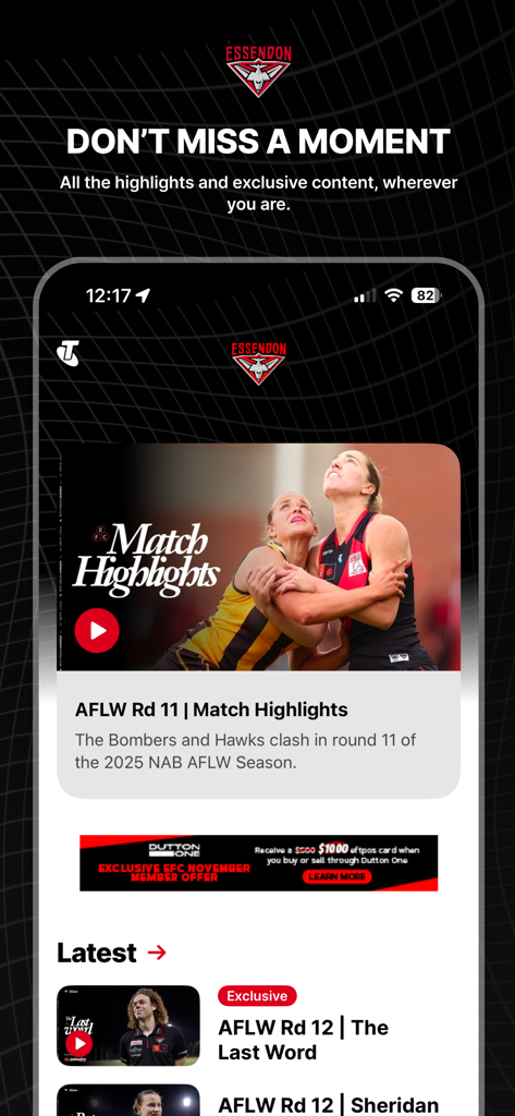 Essendon Official App - Benutzeroberfläche der Essendon Offiziellen App mit Spiel-Highlights und exklusiven Club-Inhalten