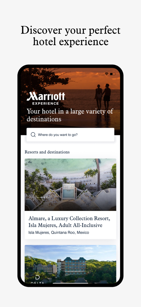 Marriott Experience - Marriott Experience app interface displaying luxury hotel options and travel search bar