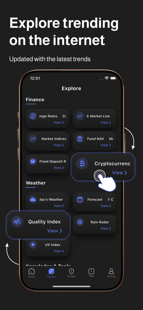Phoenix Browser explore screen showing trending finance and weather categories on a dark mobile interface