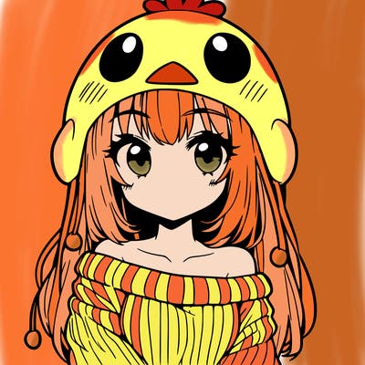 anime girl with chick shaped hat with sweater with bare shoulders with bangs covering them one eye with low tail