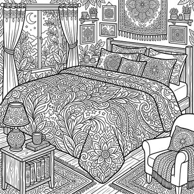 Discover a serene escape with this intricate full-scene coloring page, perfect for adults seeking relaxation. Dive into a beautifully detailed bedroom featuring a prominent, patterned duvet cover and charming bohemian decor.