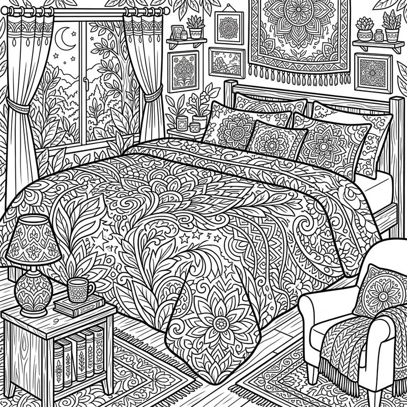 Discover a serene escape with this intricate full-scene coloring page, perfect for adults seeking relaxation. Dive into a beautifully detailed bedroom featuring a prominent, patterned duvet cover and charming bohemian decor.