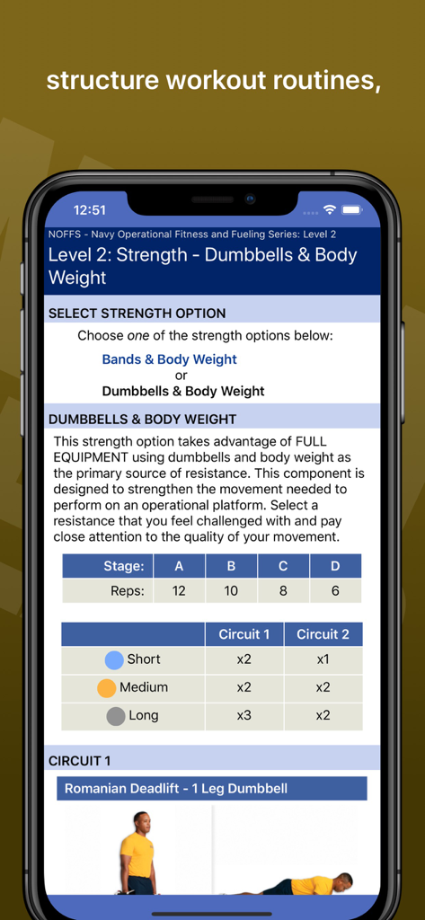 Navy SEAL Fitness app strength training workout plan with dumbbell exercises and rep tables