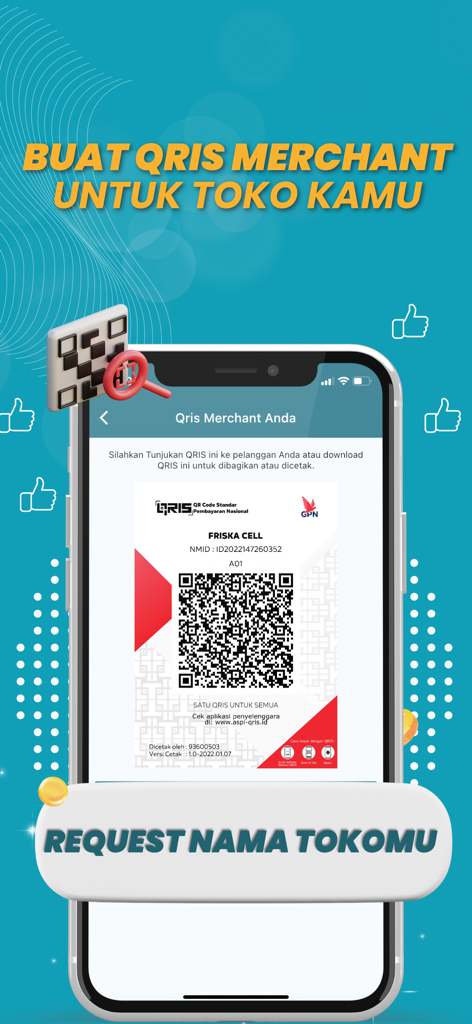 Interfaz de la aplicación Pulsabayar que muestra un código de comerciante QRIS para el procesamiento de pagos en tiendas.