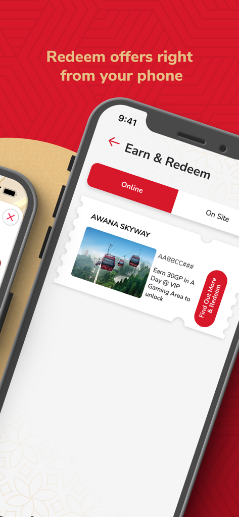 Resorts World Genting - Mobile screen of Resorts World Genting app showing the Earn and Redeem rewards section