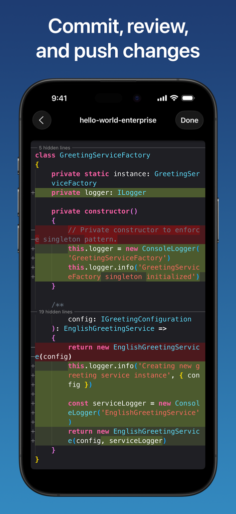 Combine - Code Editor & Git - Screenshot of the Combine code editor showing a Git diff view with code additions and deletions highlighted on an iPhone.