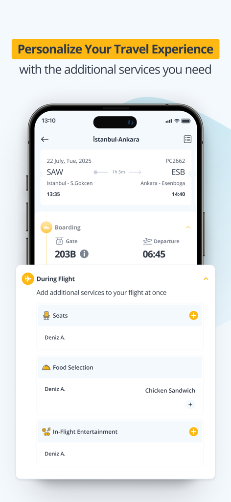Pegasus App-Oberfläche zur Personalisierung von Reisen mit Sitzen und Mahlzeiten