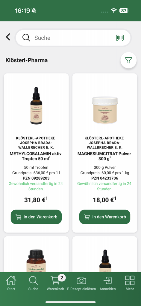 Klösterl-Apotheke - Product listing screen of the Kloesterl Apotheke app displaying high quality pharmaceutical supplements like Vitamin B12 drops and Magnesium Citrate powder with pricing and add to cart buttons