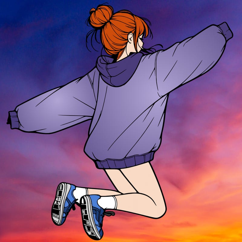 realistic girl jumping with a bun and oversized sweatshirt