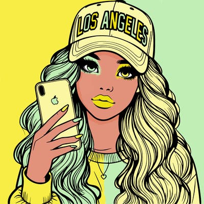 realistic beautiful girl wearing los ángeles cap holding an iphone