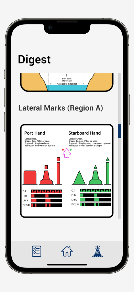 IALA System - A screenshot of the IALA System app showing a digest page for Lateral Marks Region A with port and starboard hand buoy illustrations and light patterns.