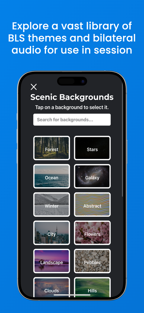 Teletherapy by Easy EMDR - Pantalla de la aplicación que muestra una biblioteca de fondos escénicos para sesiones de terapia EMDR