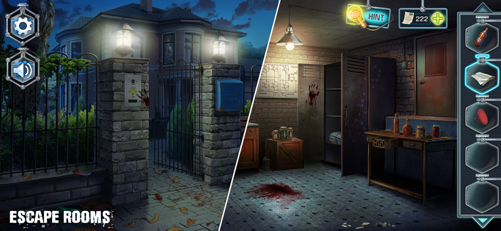 Amnesia－Escape Room Detective - Gameplay screenshot of Amnesia Escape Room Detective featuring a dark mansion exterior and a bloodstained basement interior.