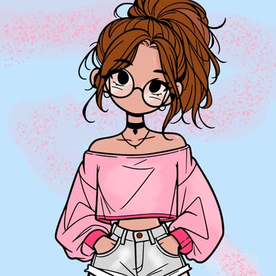 girl with a messy ponytail glasses a baggy crop top and jean shorts