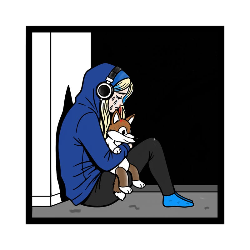 a teen girl sitting against a wall who has her hood up and is listening to music and crying and holding a coyote plushie.