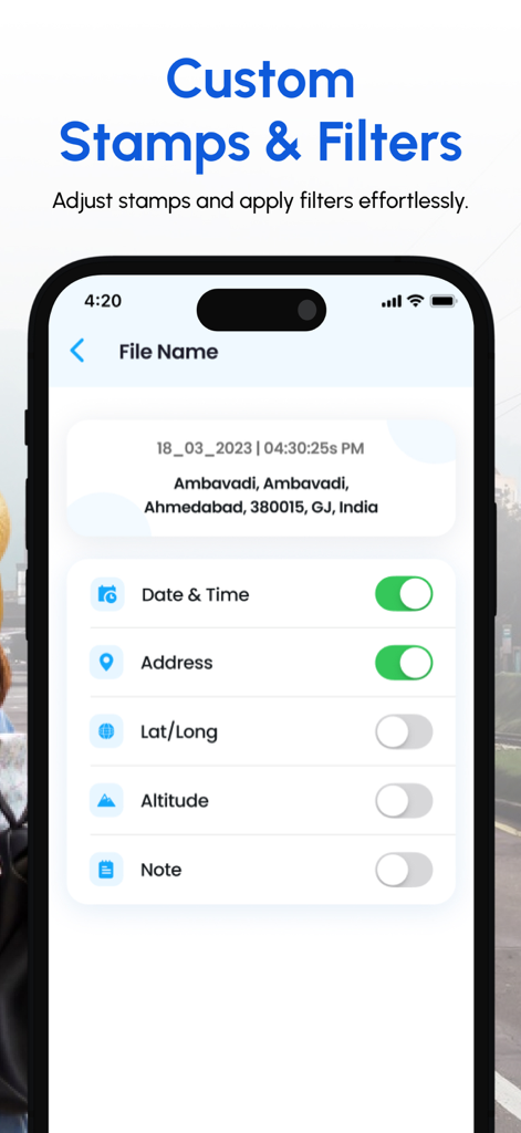 GPS Map Camera & Video Capture - Interface of the GPS Map Camera app showing custom stamp settings for date address and location