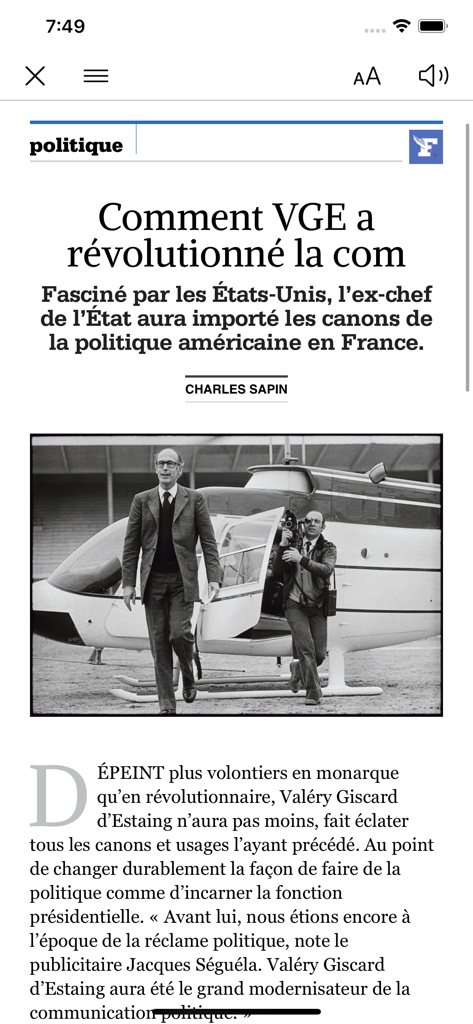 Kiosque Figaro : le Journal - Digital article view in the Kiosque Figaro app showing a French political news report with an image of Valery Giscard d Estaing.