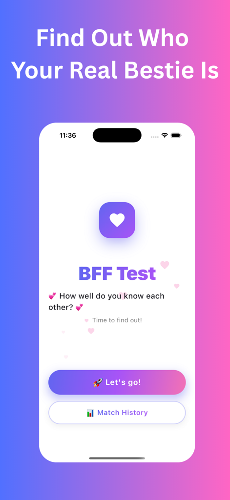 BFF Test Echte Freunde App-Startbildschirm mit einer Schaltfläche zum Starten des Freundschafts-Quiz auf einem pink-blauen Farbverlauf-Hintergrund.