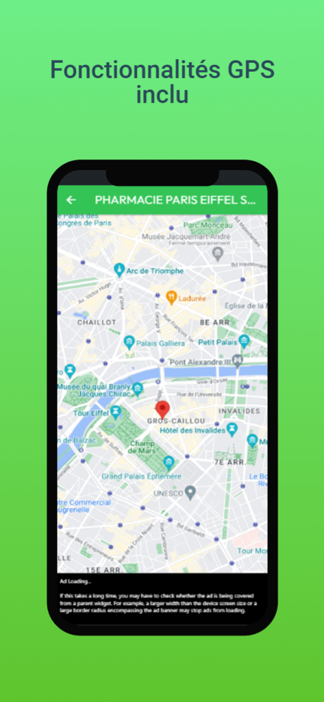 Map view in the Pharmacies de garde app showing pharmacy locations in Paris with GPS navigation features