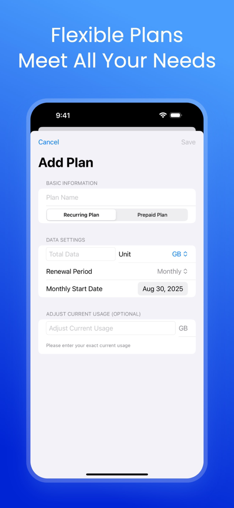 Data Usage - Save your money - 반복 또는 선불 모바일 데이터 요금제를 추가하고 구성하기 위한 인터페이스