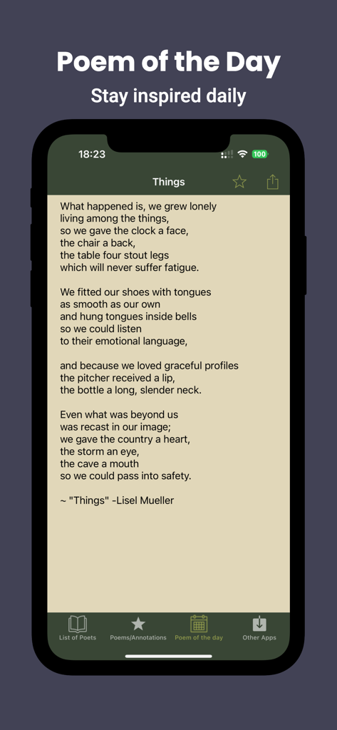 Smartphone screen showing the Poem of the Day feature in the Poetry in English app.