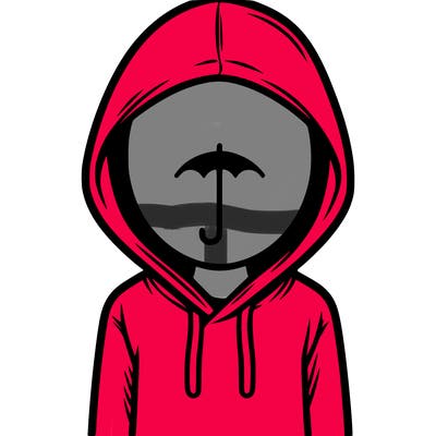 a person with non face waering a hoodie with a small umbrella symbol