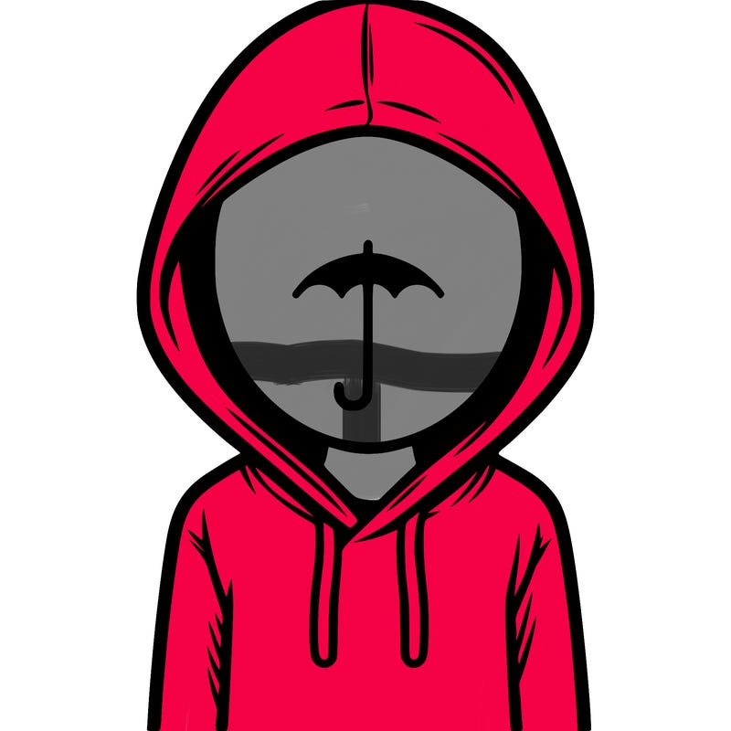 a person with non face waering a hoodie with a small umbrella symbol