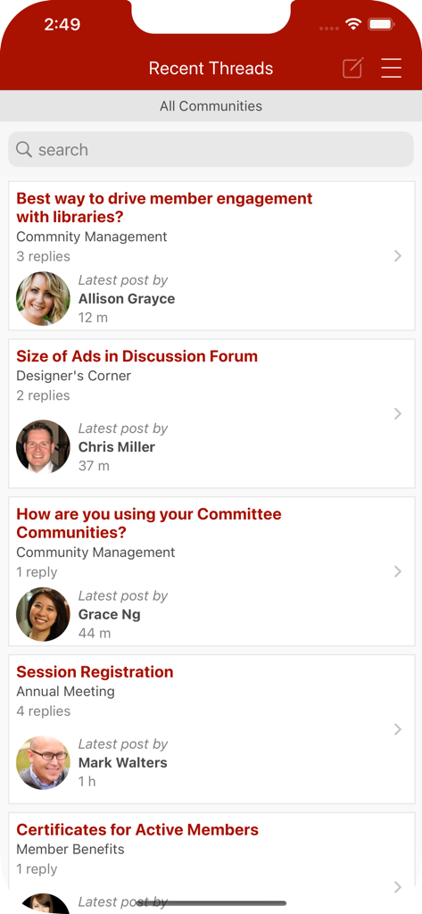 ENTConnect Mobile App - The recent threads screen of the ENTConnect mobile app displaying various community forum discussions and member updates.