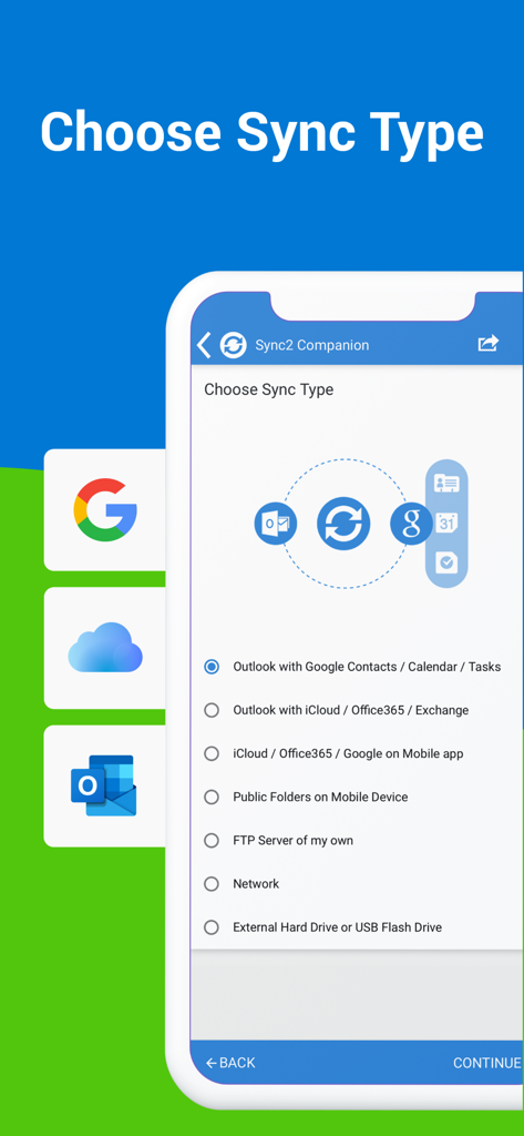 Choose sync type screen in Sync2 app for Outlook Google and iCloud synchronization