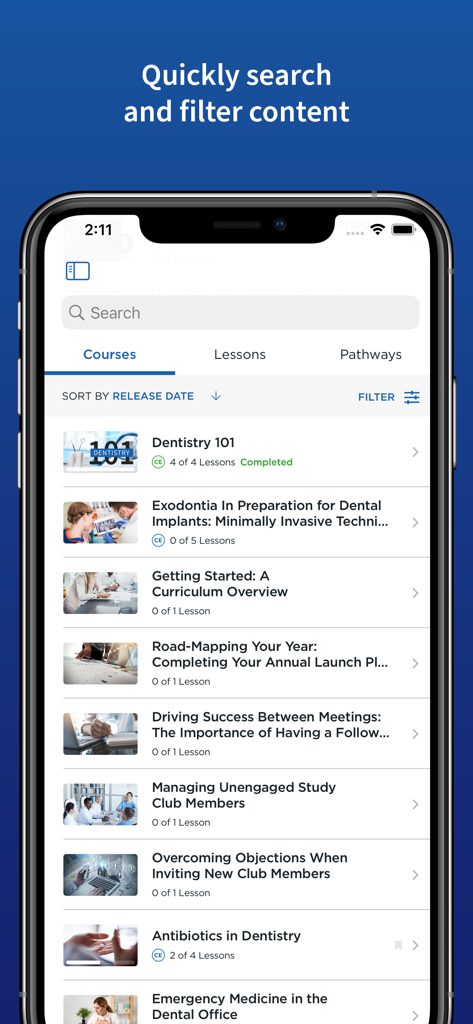 Search and filter interface for dental continuing education courses in the Spear Online app.