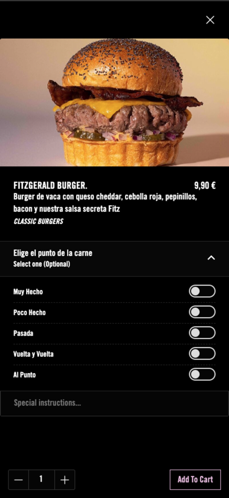 The Fitzgerald App - Screenshot of the Fitzgerald App showing a gourmet burger customization page with meat doneness options and add to cart button.