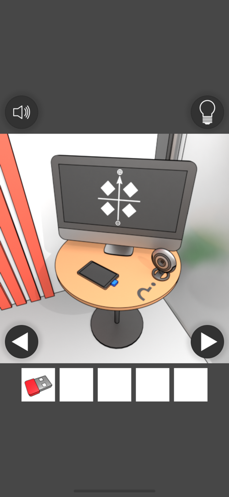 Computer Office Escape - A computer monitor displaying a diamond logic puzzle on a small office table with a webcam and tablet.