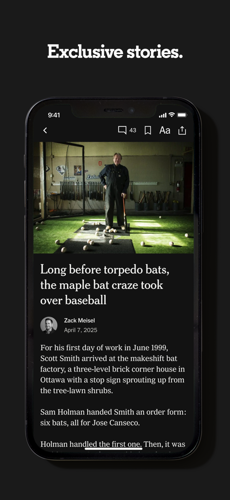 A smartphone displaying a long-form sports article about baseball on The Athletic app interface.