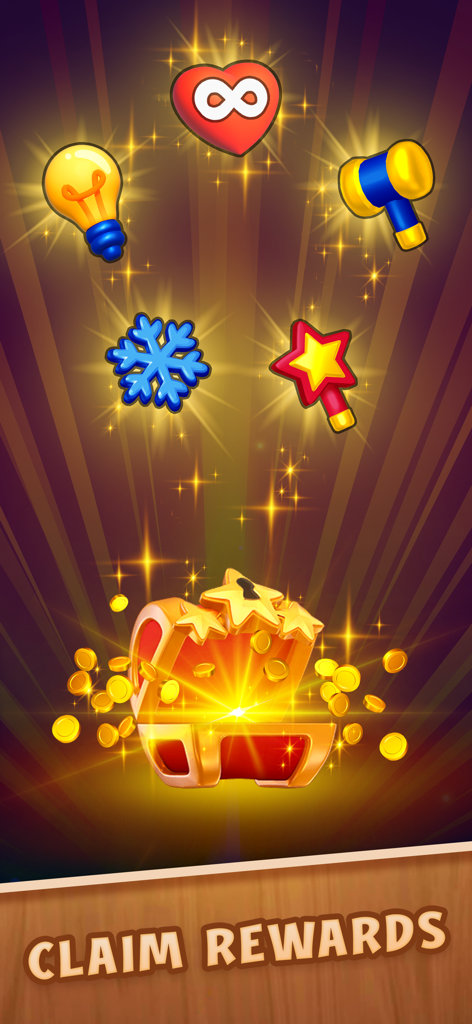 Un cofre del tesoro brillante desbordante de monedas de oro e íconos de potenciadores del juego como vidas infinitas y pistas