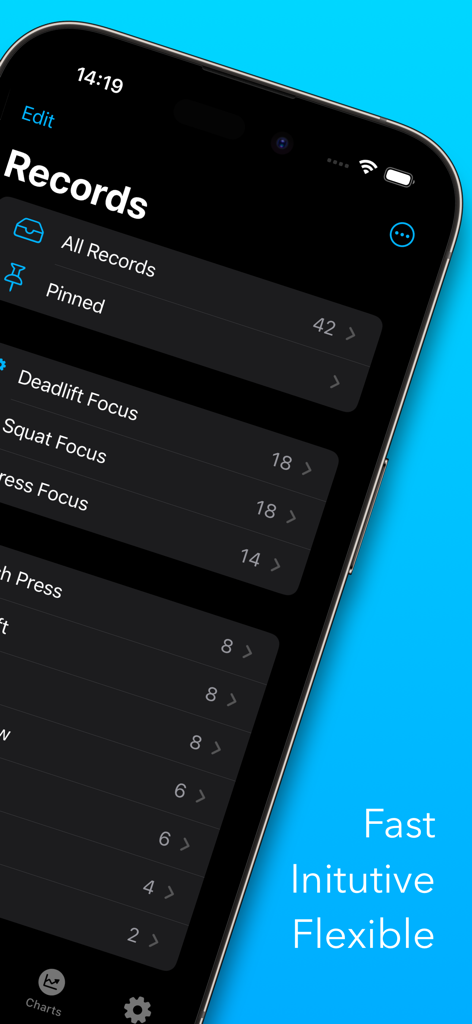 Lift Assist – Training Log - Écran d'iPhone affichant les enregistrements et les dossiers de l'application de journal d'entraînement Lift Assist en mode sombre.