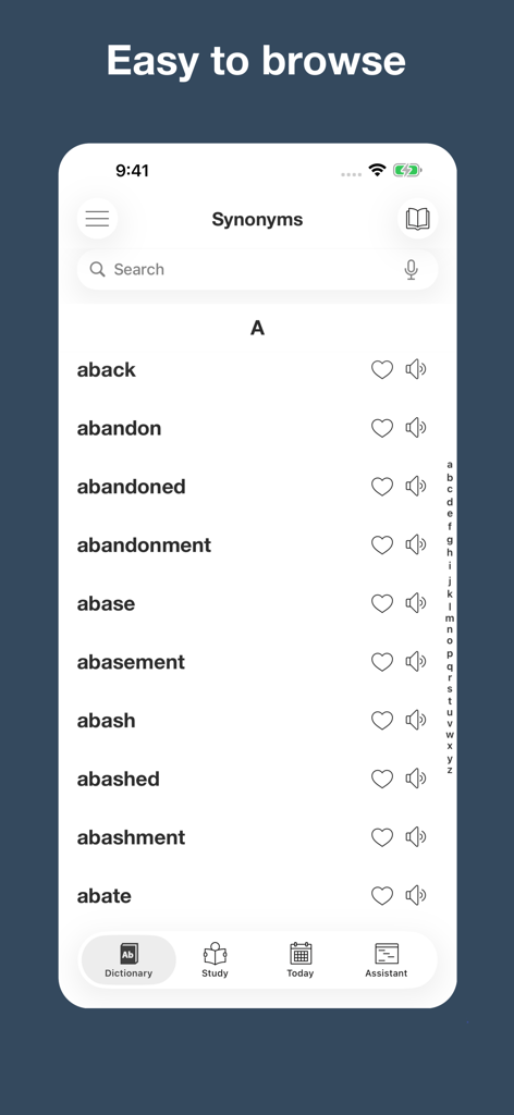English Synonym Finder - Alphabetische Liste von Wörtern in der Englischen Synonym-Finder-App mit Such- und Navigationsoptionen.