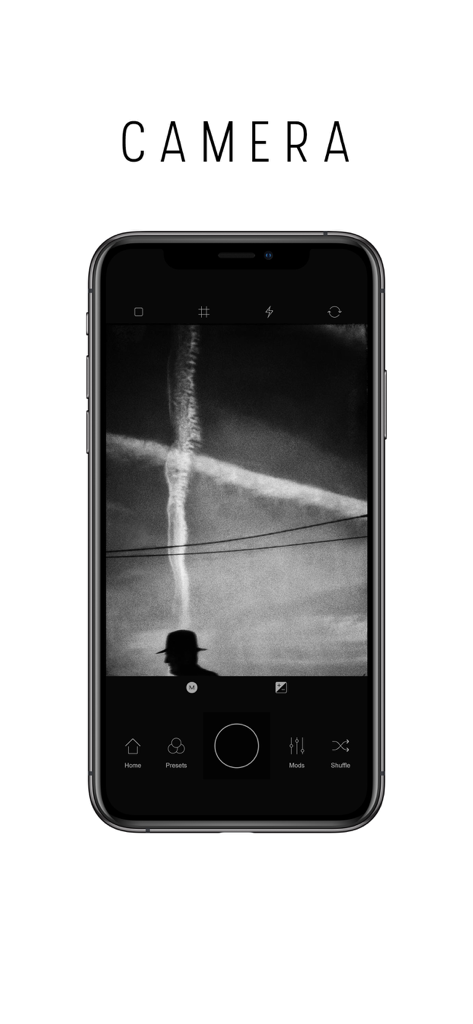Smartphone screen displaying the Blackie app camera interface with a high-contrast black and white street photo