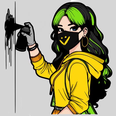 realistic girl with mask spray painting a wall