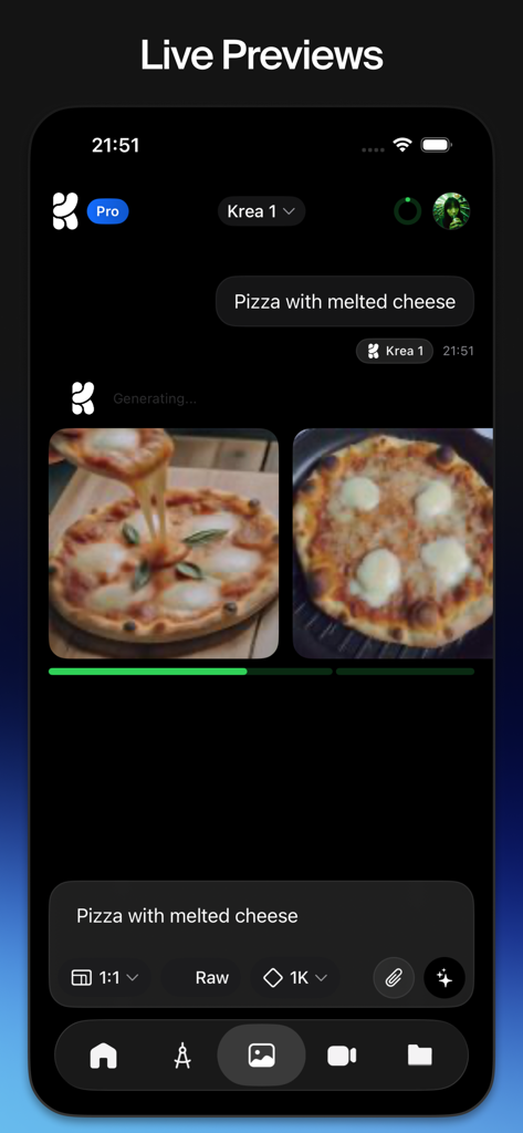 Interface de l'application Krea montrant des aperçus en direct d'images de pizza générées par IA à partir d'une invite textuelle.